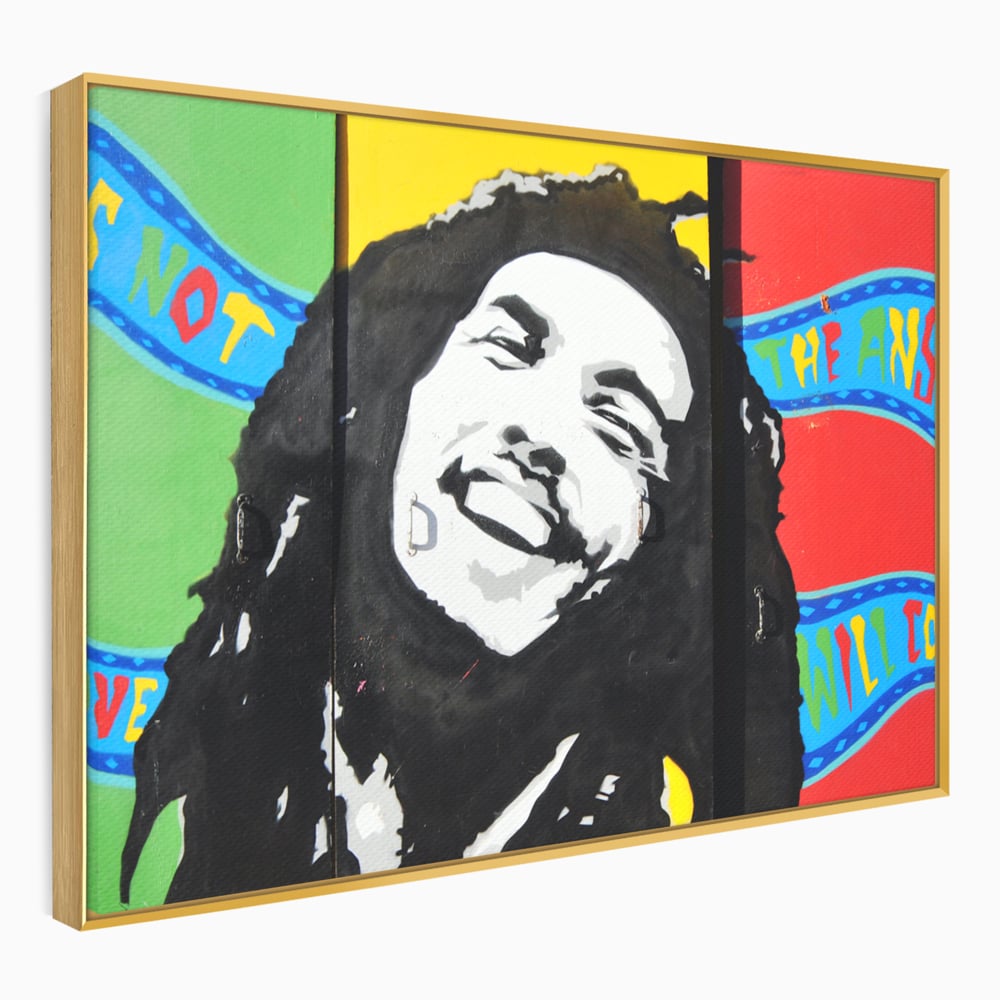 Tablou canvas cu tablou pictat cu portretul lui bob marley, in rama de aluminiu auriu